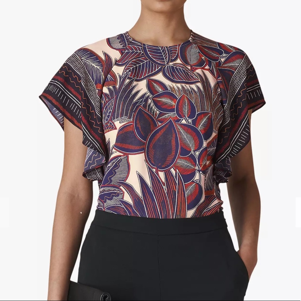 Whistles Leaf Print Flutter Sleeve Blouse Sz 4 EUC